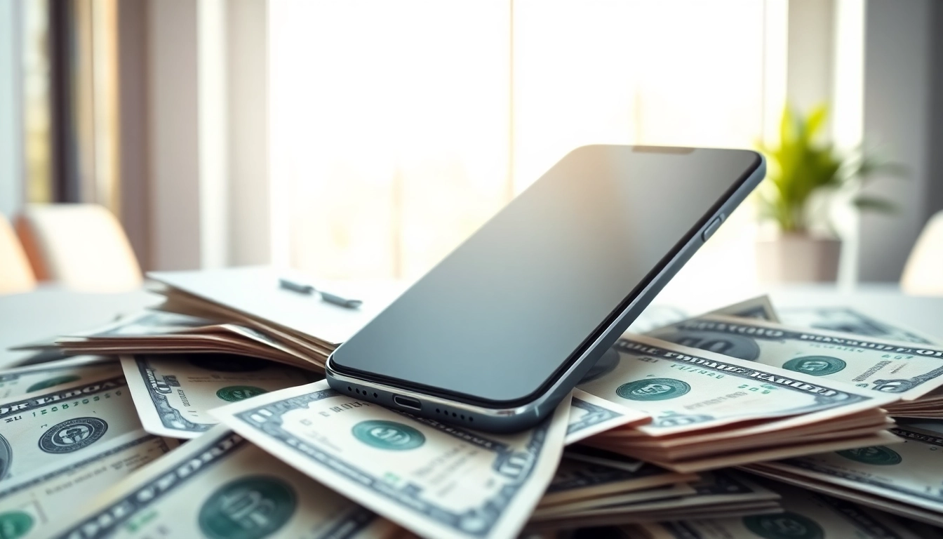 Earn cash for phones Sherwood AR with a smartphone and dollar bills in a modern office setting.