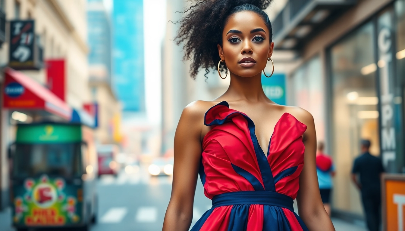 Fashion model in a custom dress showcasing the styles from https://primadonsanddonnas.com amid a vibrant cityscape.