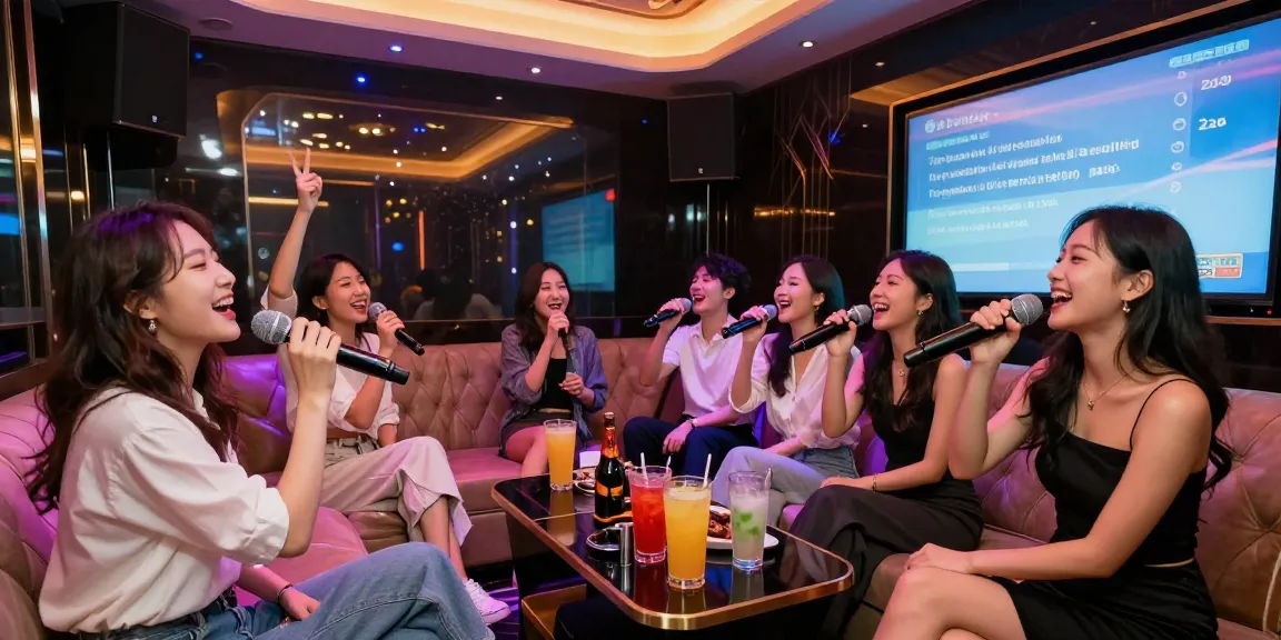 강남가라오케의 화려한 세팅과 프라이빗한 분위기에서 친구들과 함께 노래를 부르는 모습