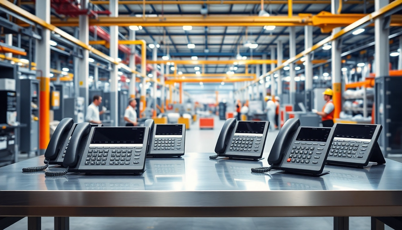 Manufacturer of Industrial Telephone and Communication System Solutions displayed in a modern factory setting.