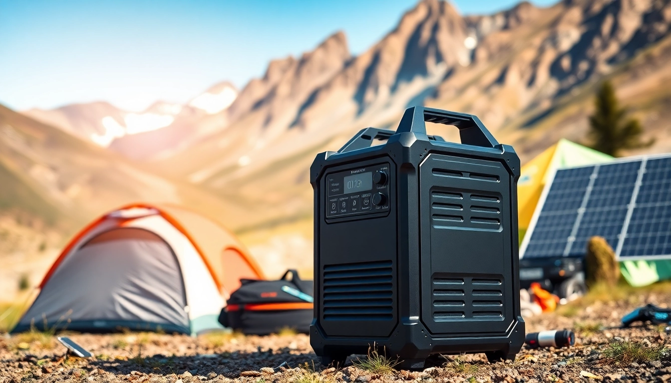 EcoFlow portable power station showcased in a vibrant camping scene with solar panels and tent.