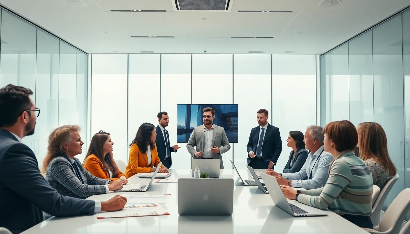 Engage in business discussions during a professional meeting with a diverse team
