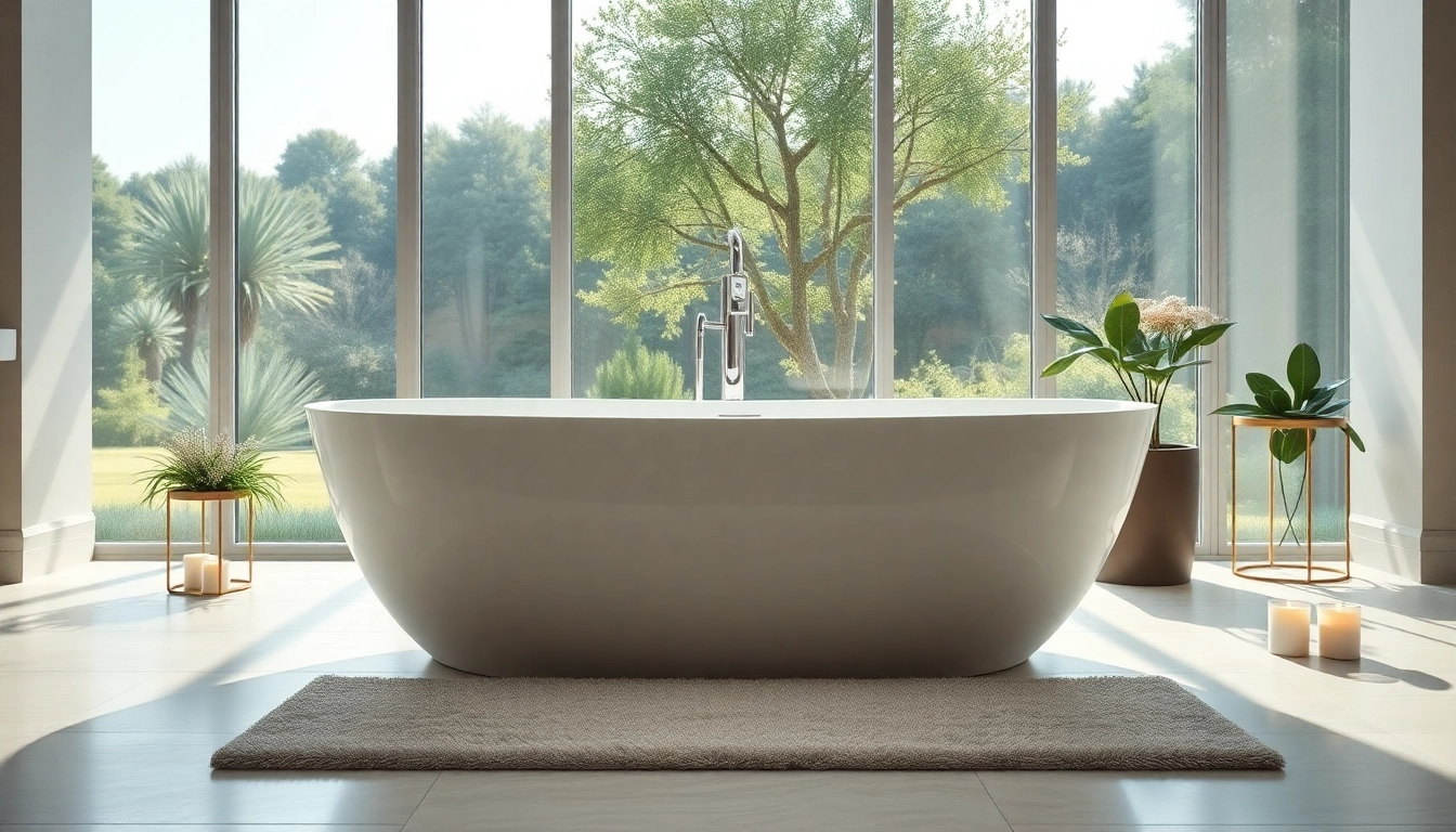 Vasca da bagno elegante in un moderno bagno luminoso con vista sul giardino.