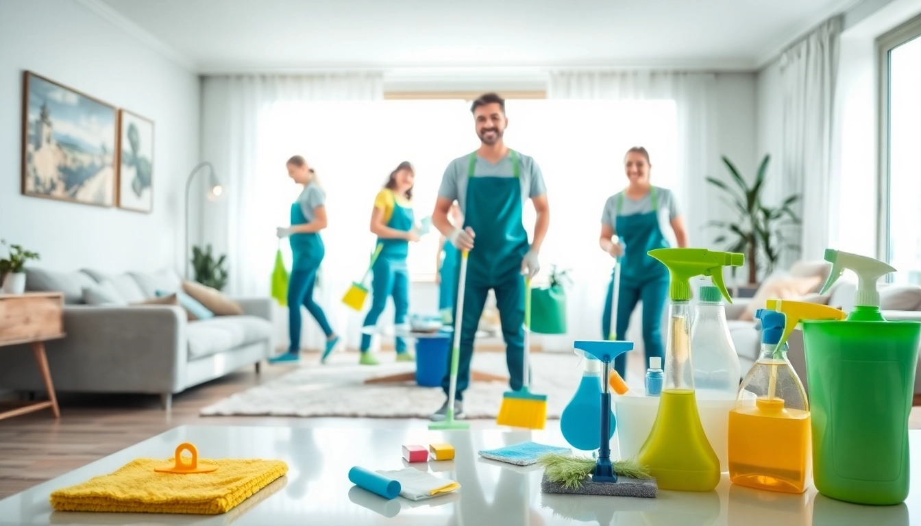 Cleaning service professionals diligently organizing a bright and tidy home environment.
