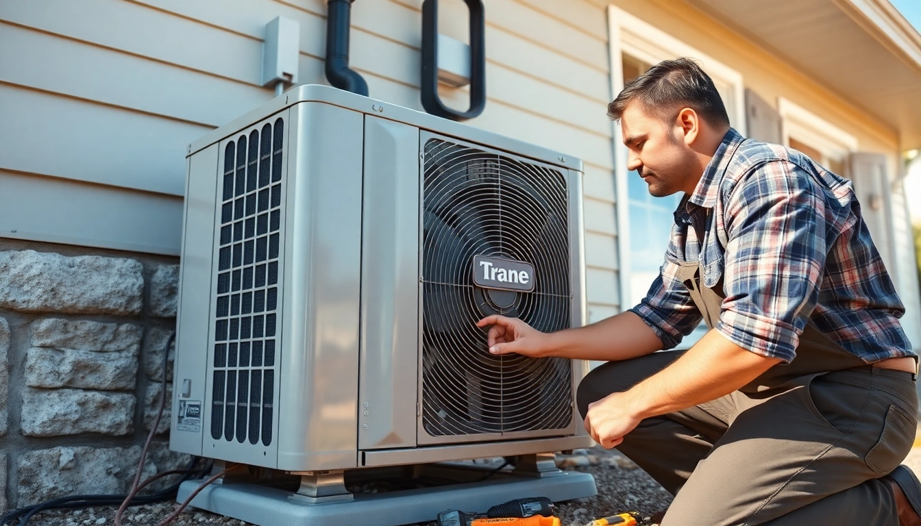 Technician servicing a Trane air conditioning unit in a bright home environment.