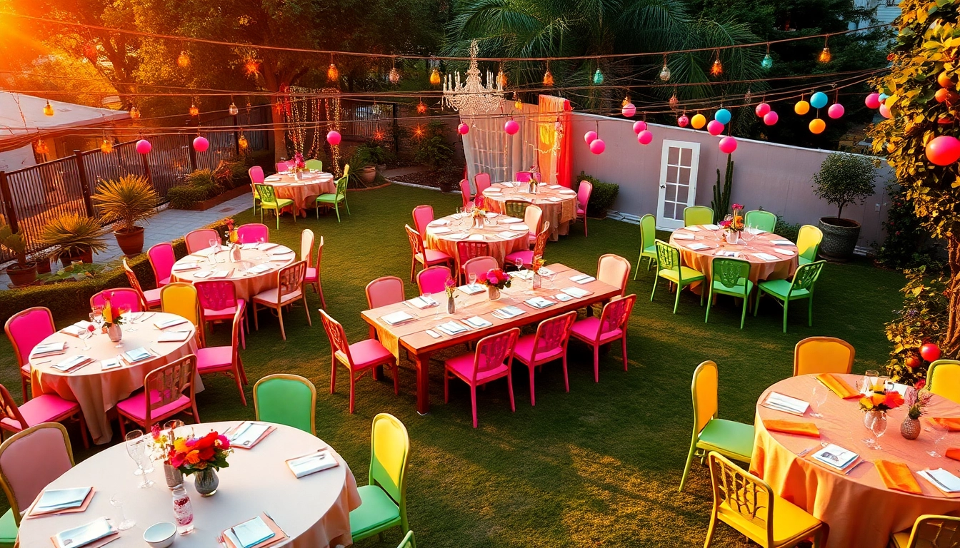 Stunning outdoor party rentals in Las Vegas with colorful tables and chairs.