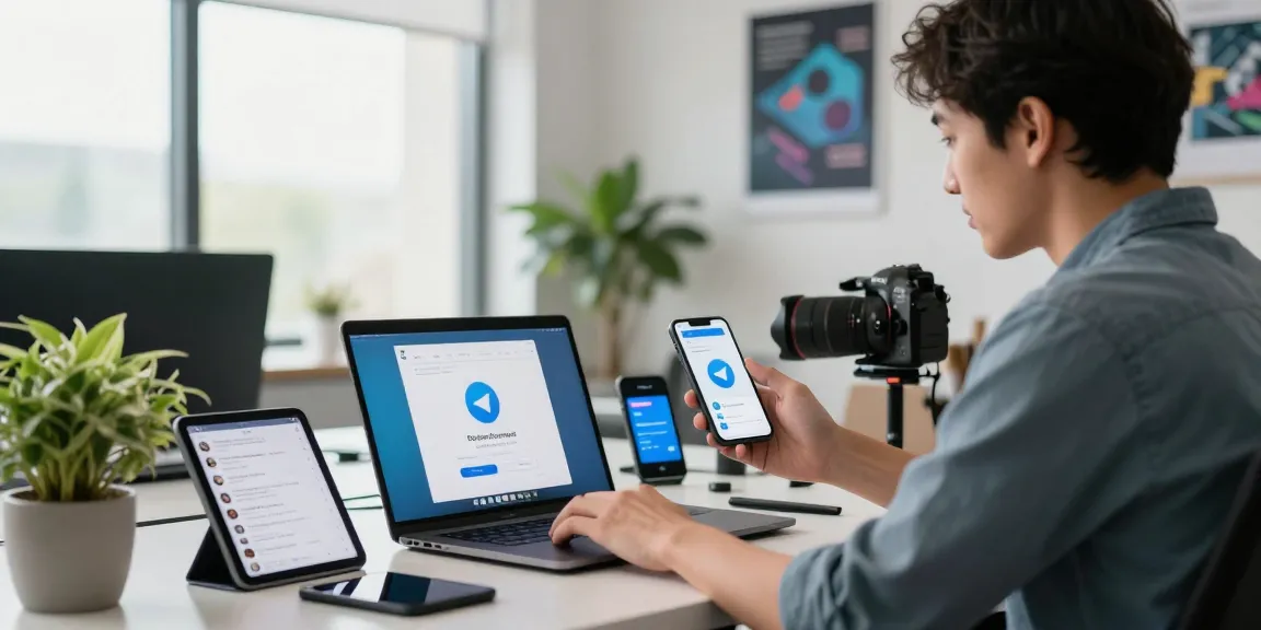Tech-savvy individual engaging in 纸飞机下载 on a modern workspace with gadgets.