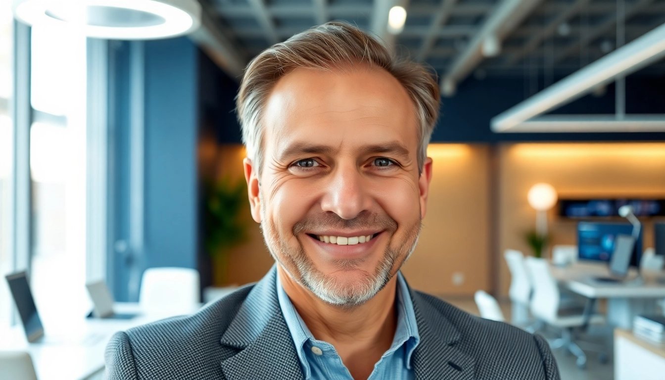 Dinis Guarda engaging with technology in a modern office environment.