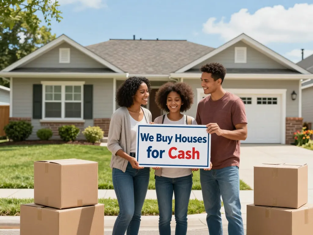We buy houses for cash; a family stands in front of their home with a For Sale sign, ready to move.