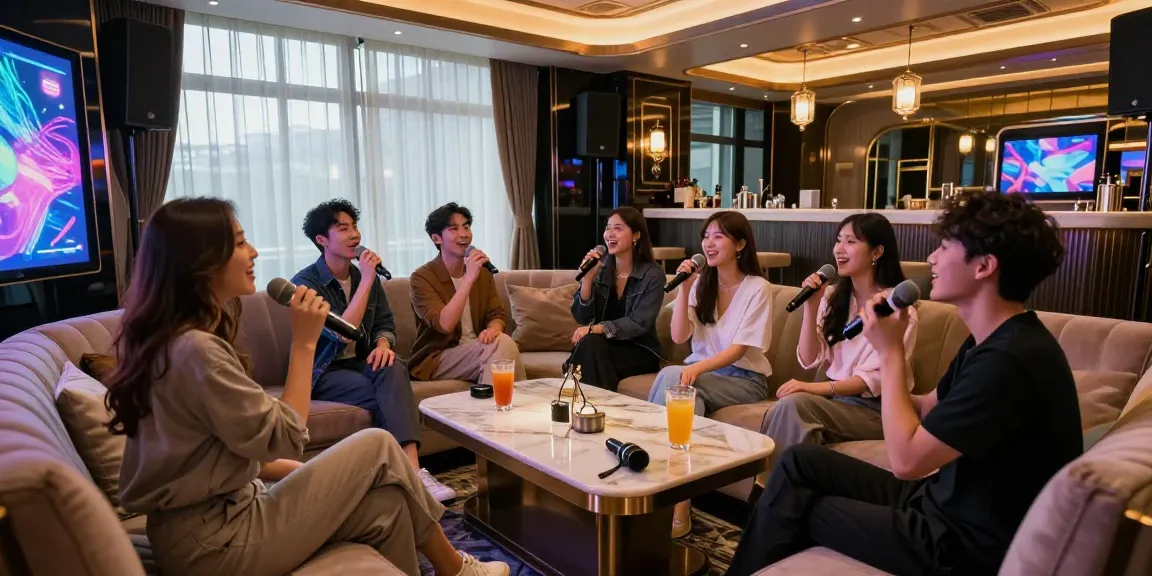 gangnamtune.com/의 고급 가라오케 룸에서 친구들이 노래를 즐기는 모습과 세련된 인테리어가 돋보입니다.