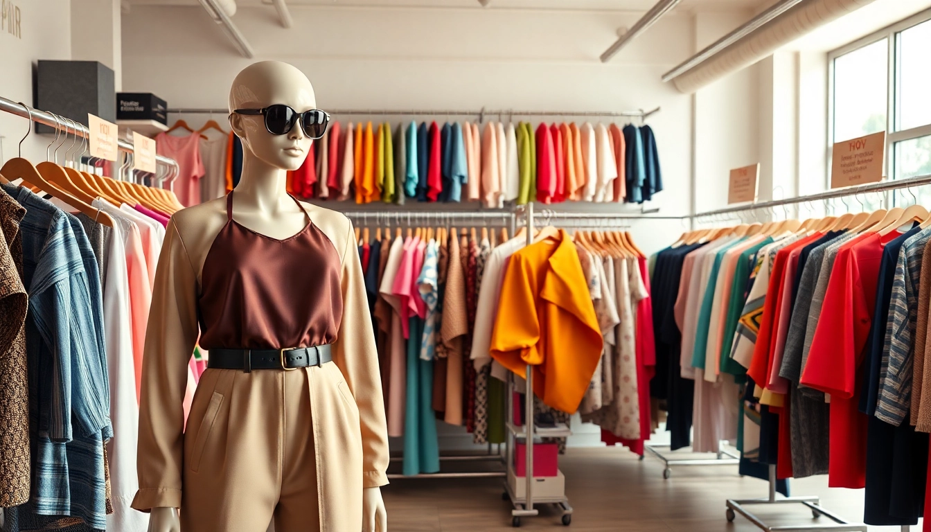 Showcase of a vibrant clothing store filled with trendy outfits and stylish displays.