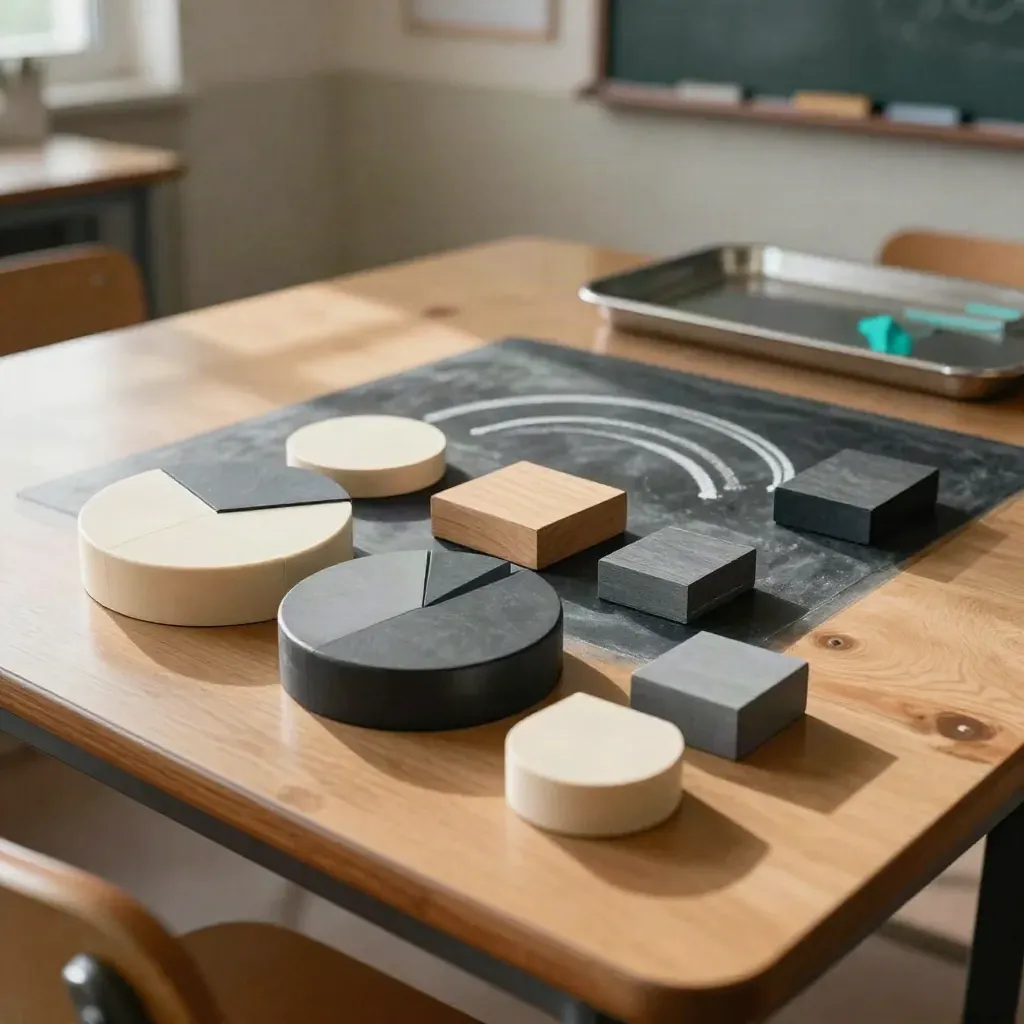 Fraction circles and pattern blocks on a classroom table showing a mixed-number lesson