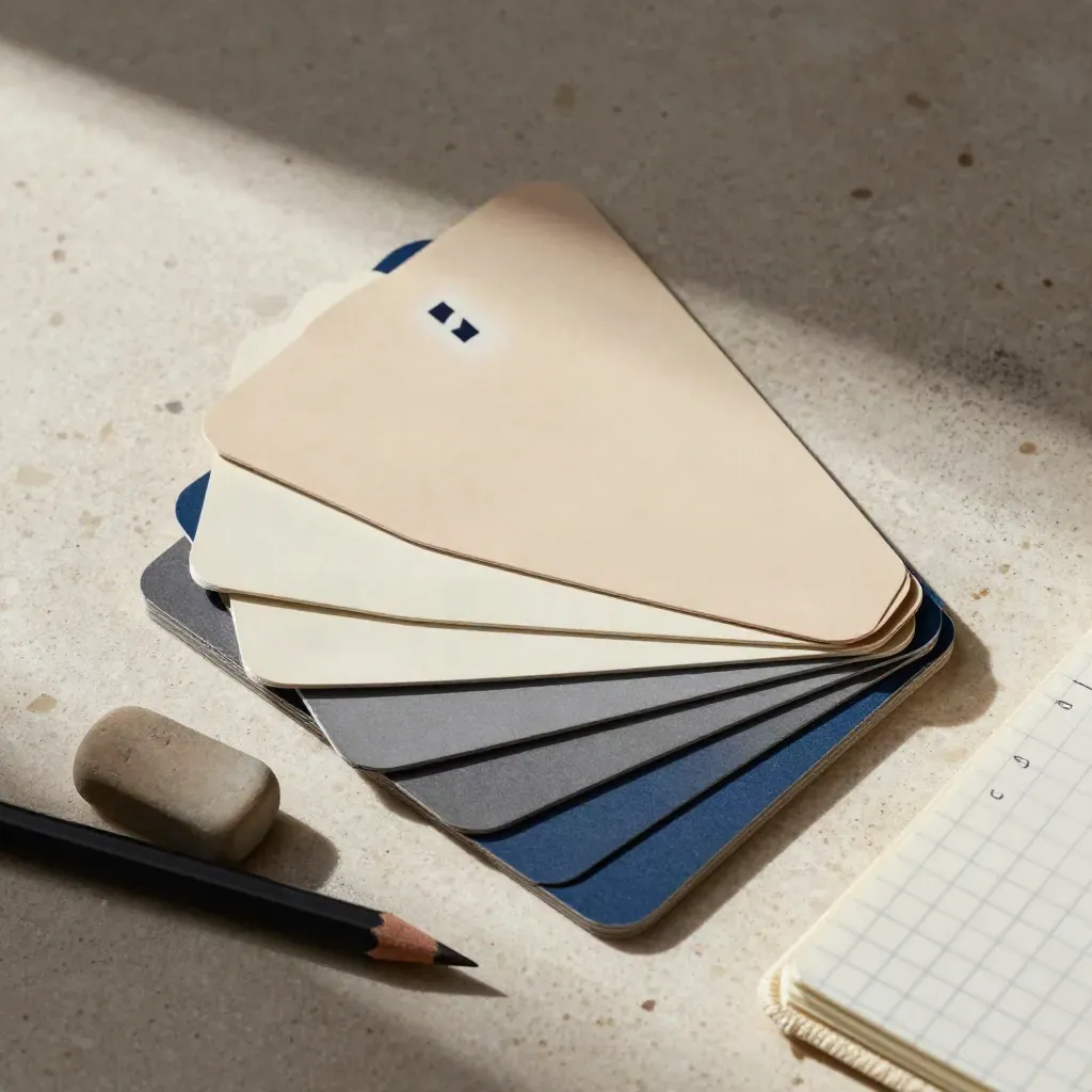 Color-coded math step cards, eraser, pencil stub and graph-paper notebook on travertine.