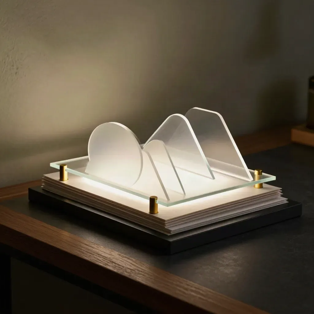 Frosted math shapes and face-down storyboard cards lit by a gold LED glow on a dark workbench.