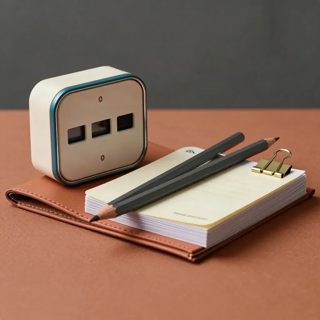 Exam prep kit with timer, flashcards, pencils and answer-key stack on clay plaster.
