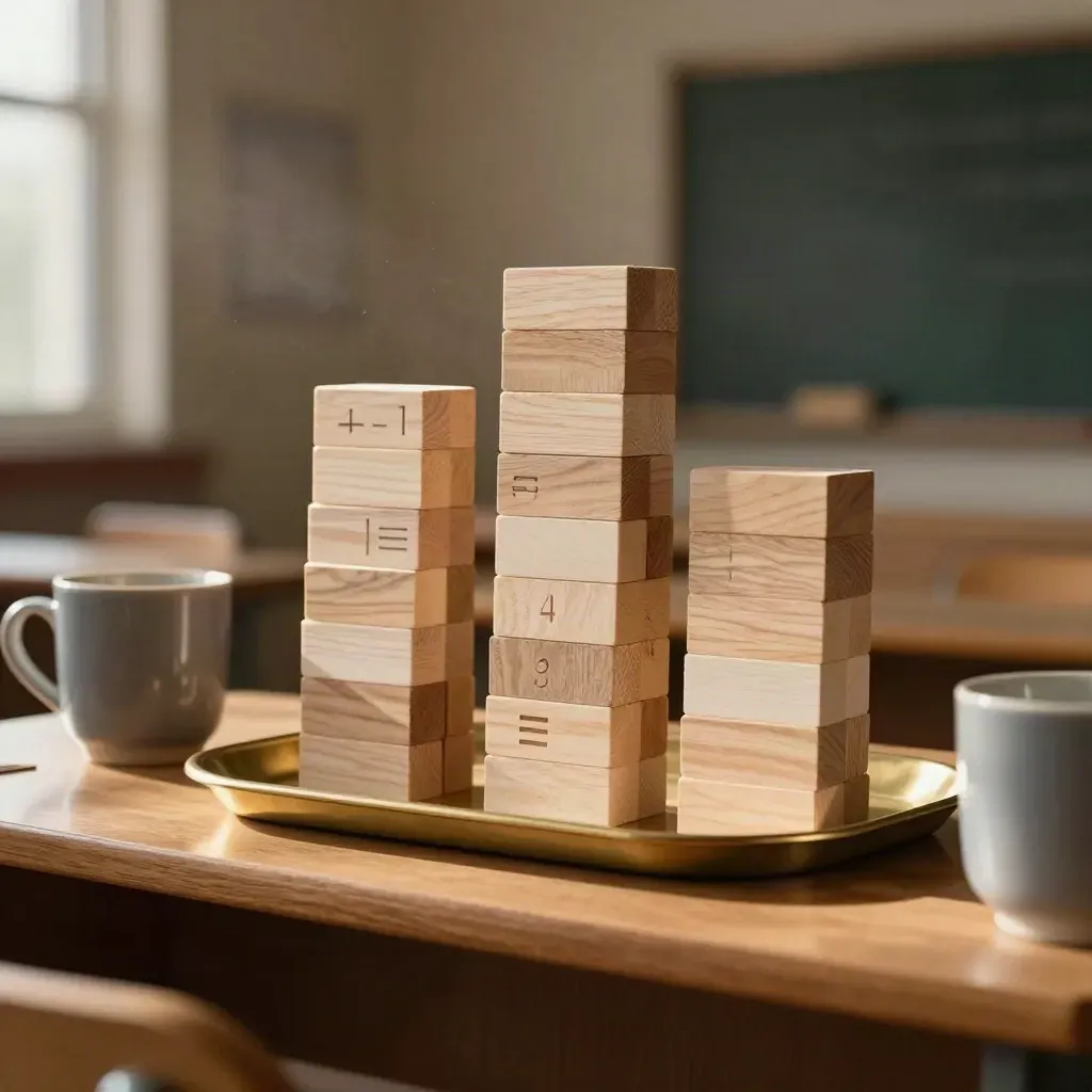 Balanced classroom shelf with stacked blocks and cups in three-to-two groupings, warm afternoon light.