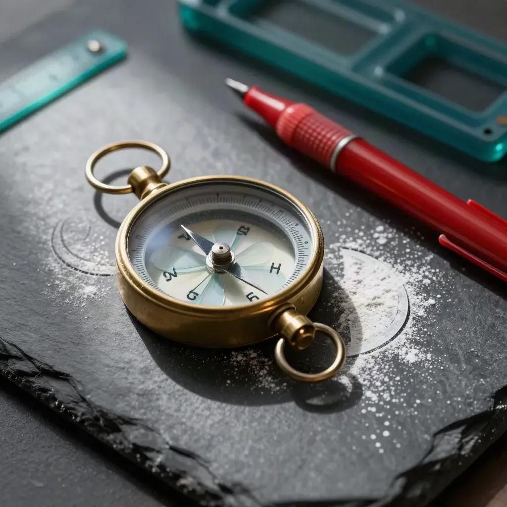Brass compass, fraction circles, and correction pen on chalk-dusted slate under hard light