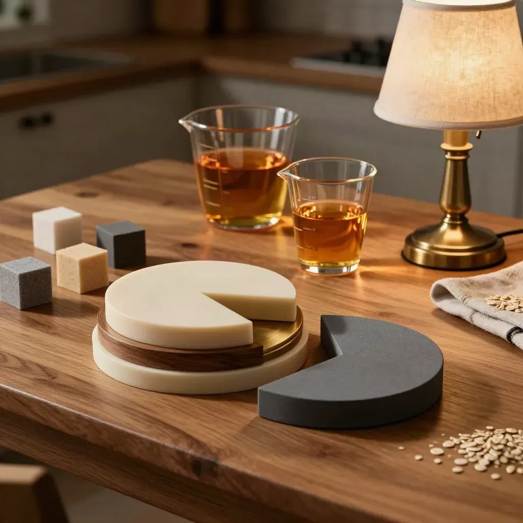 Macro of a kitchen math kit with fraction circles, measuring cups and foam cubes under a warm lamp.