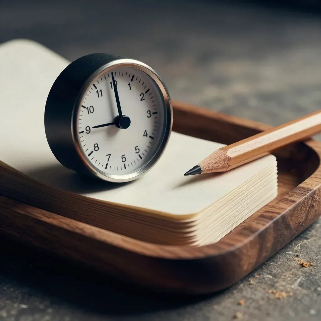 Extreme macro of a countdown timer, drill cards, and pencil shavings on a walnut study tray.