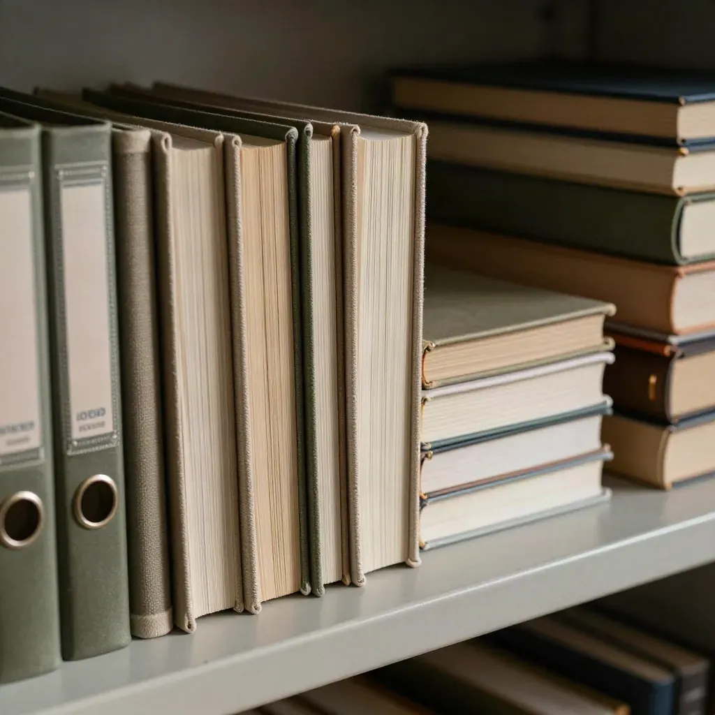 Close-up of curriculum binders and linen textbooks lined up on a library shelf.