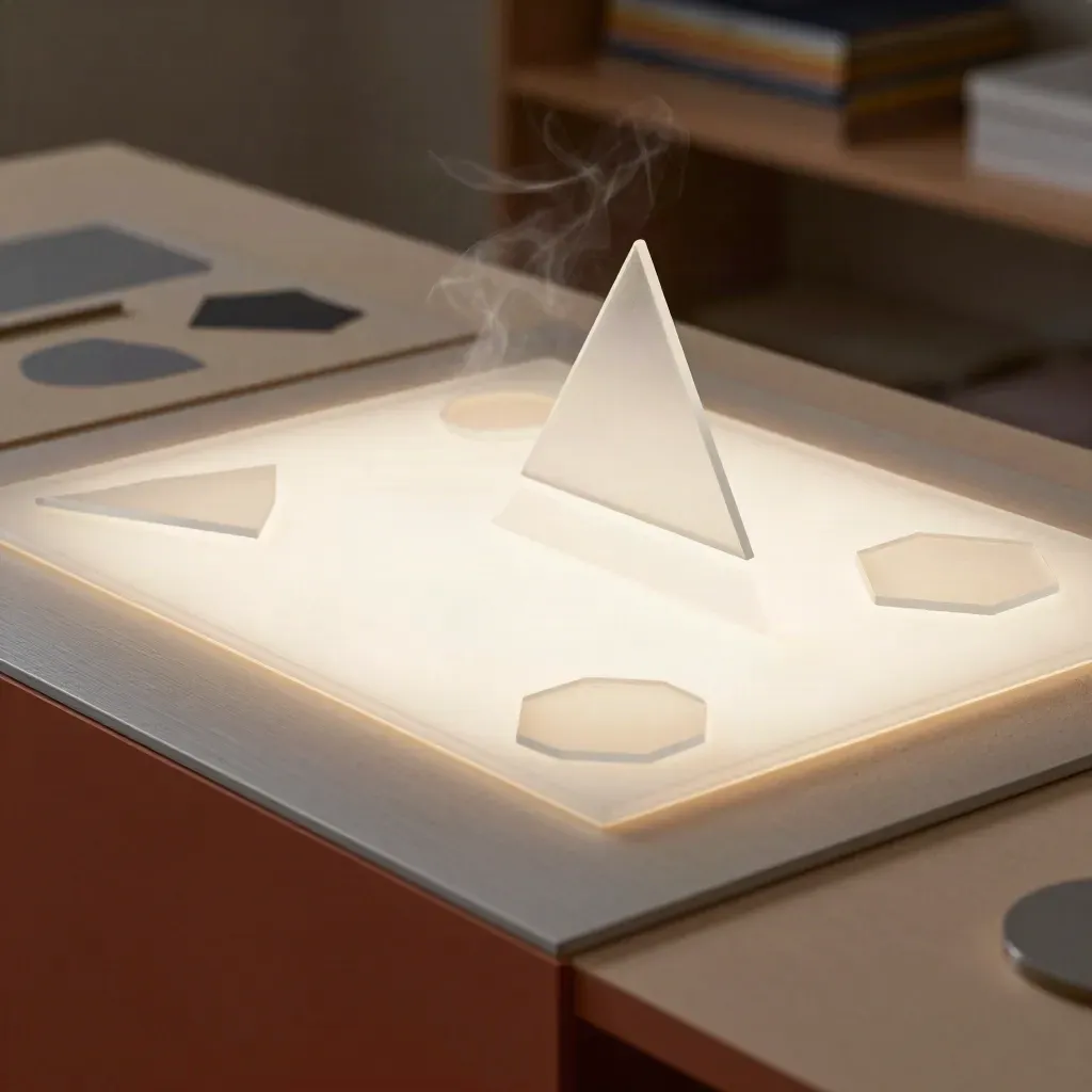 Tracing sheets and geometric cutouts glowing on a light-table corner in a dark studio.