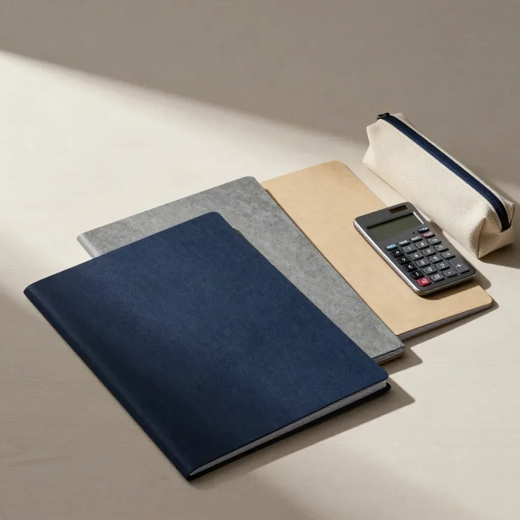 Matte study folders, calculator, and pencil case on pale wood in soft daylight.