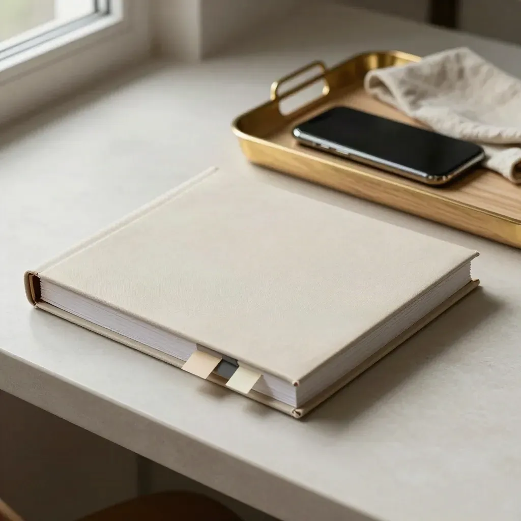 Closed binder, muted tabs and a face-down phone on a pale wood tray in soft window light.