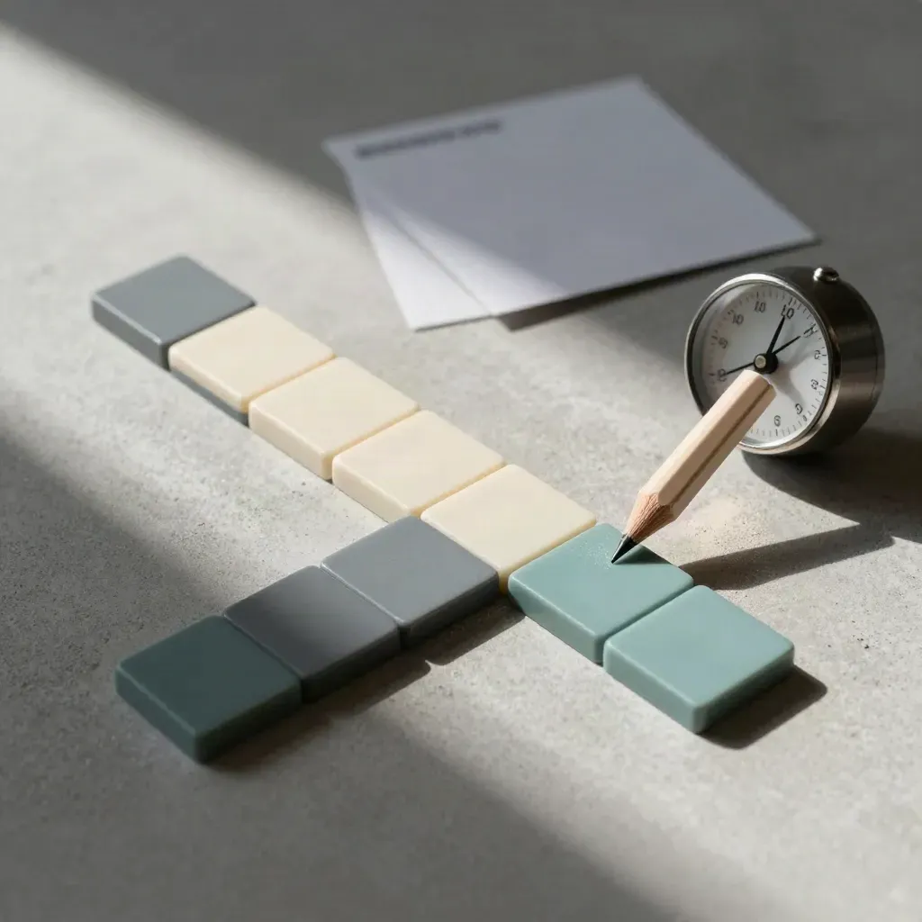 Algebra tiles, timer, and pencil tip on concrete, diagonal solved layout, soft side light.