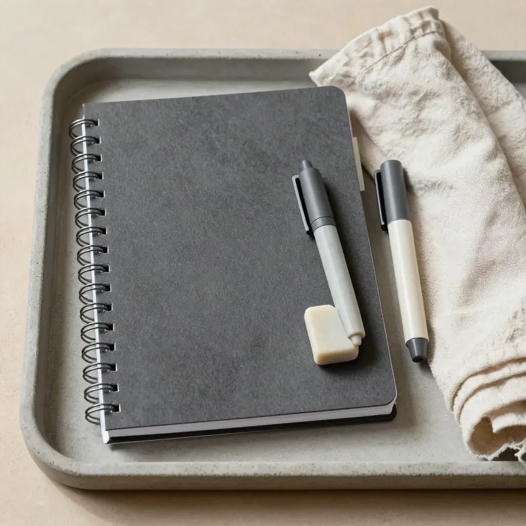 Closed spiral notebook with tabs, eraser, highlighter set and linen cloth on a concrete tray.