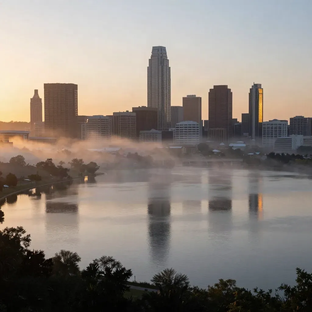 Austin skyline over Lady Bird Lake in dawn fog, warm gold light, calm water for copy.