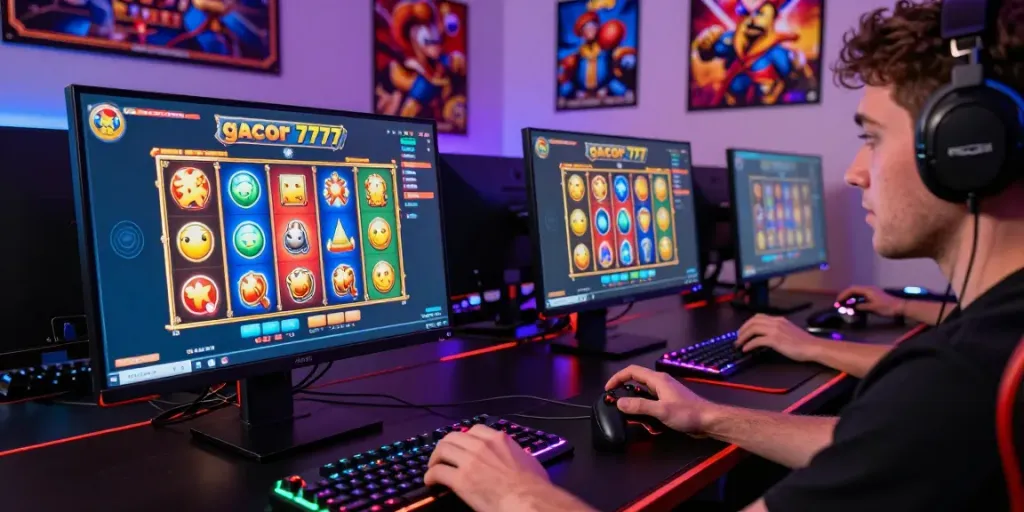 Permainan slot777 yang menarik dengan pemain fokus dan antarmuka penuh warna.