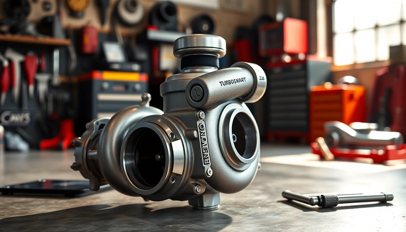 High-performance Turbosmart high boost turbo showcasing its design and engineering in an automotive environment.