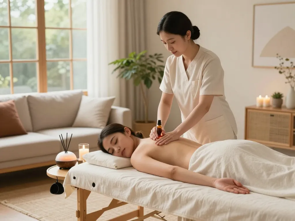 A serene home massage setting with a therapist applying oils, showcasing the premium service of www.maxim-anma.net in a tranquil atmosphere.