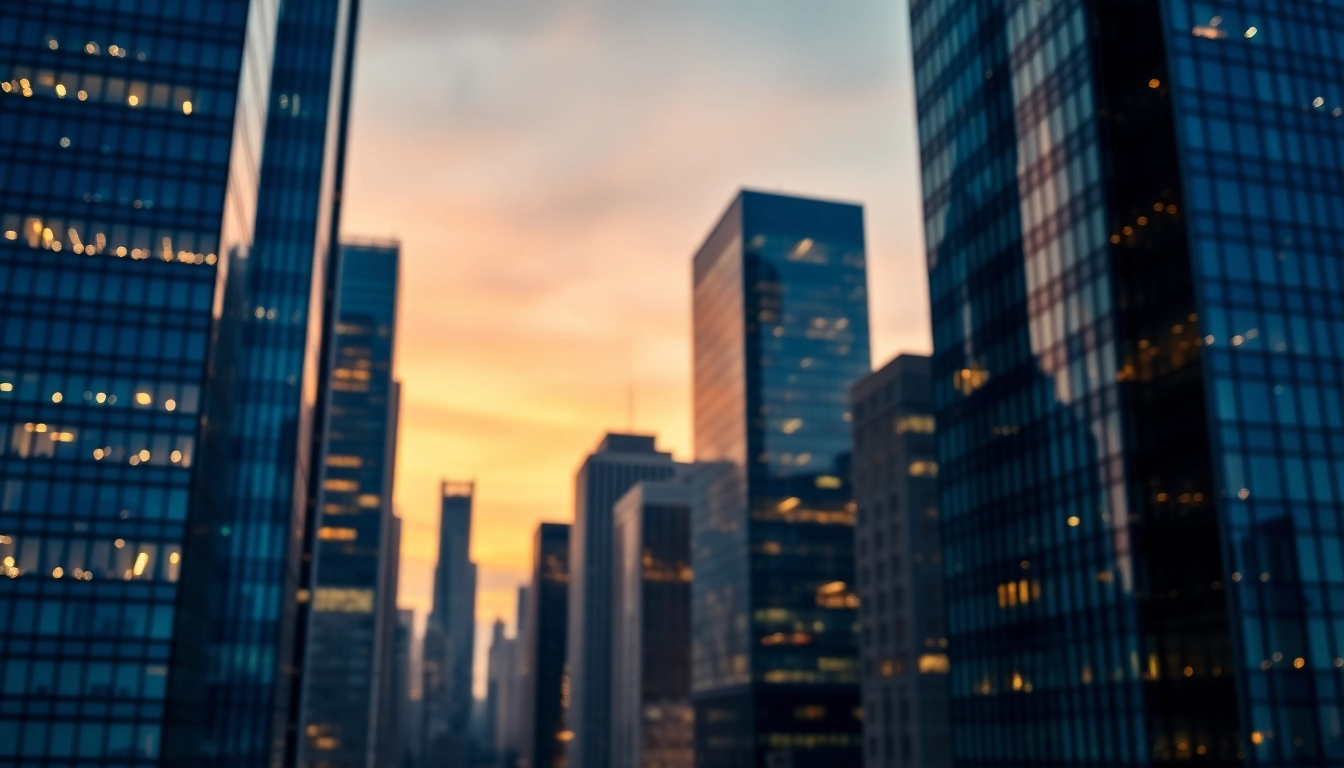 Visual representation of Real Estate Finance in a vibrant urban skyline at dusk.