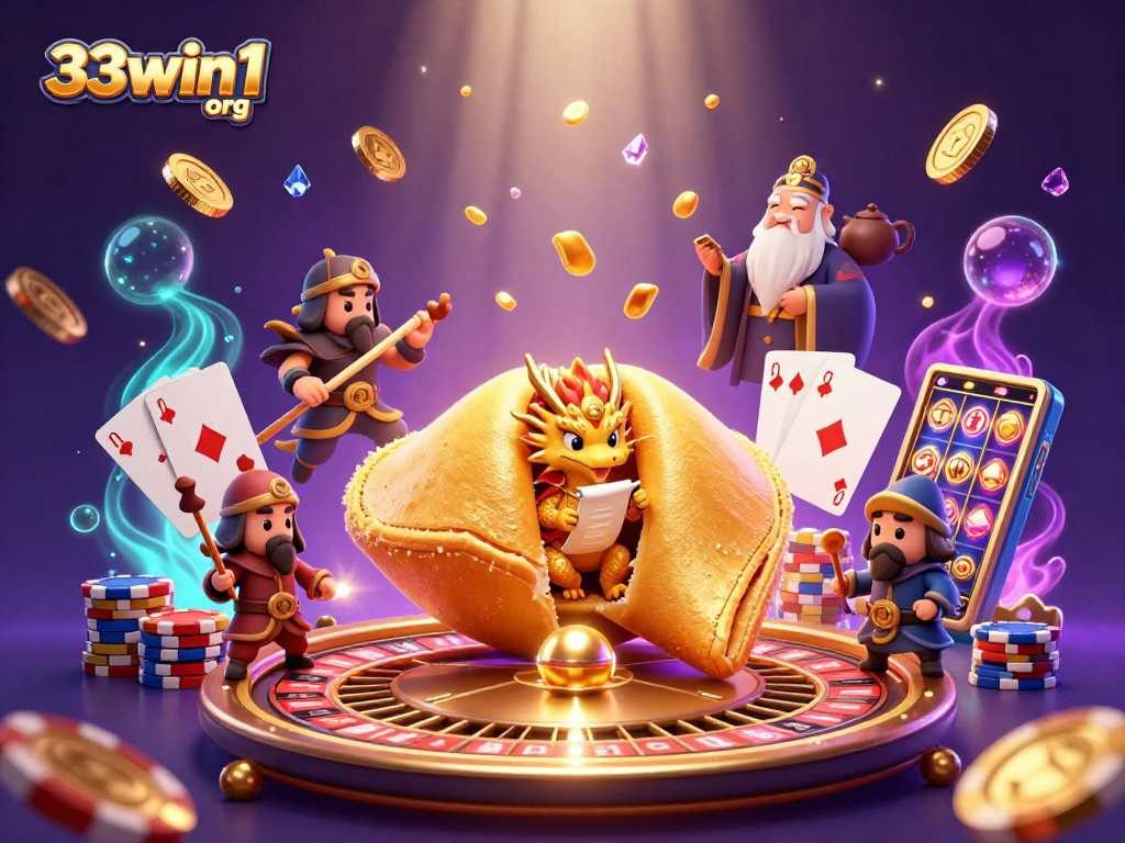 Experience the thrill of winning with 33win1 org in this vibrant casino-themed digital illustration.