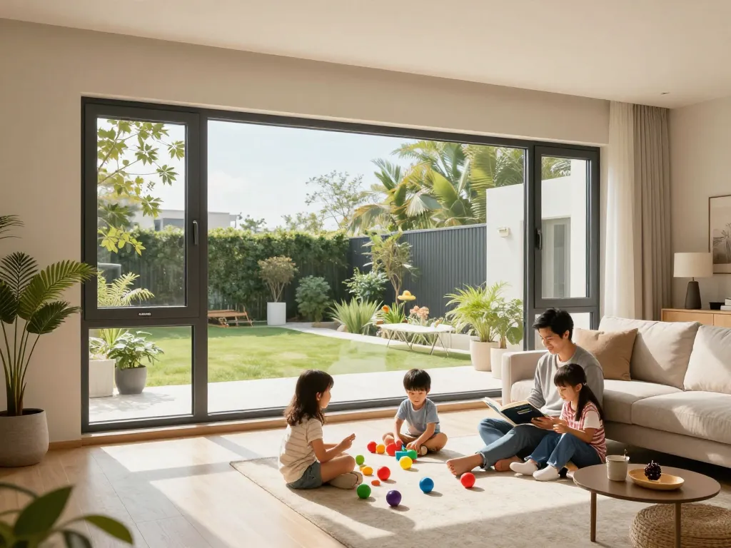 Familie genießt Zeit in einem gemütlichen Wohnzimmer mit fenster schüco Fenstern, die Energieeffizienz und modernes Design zeigen.