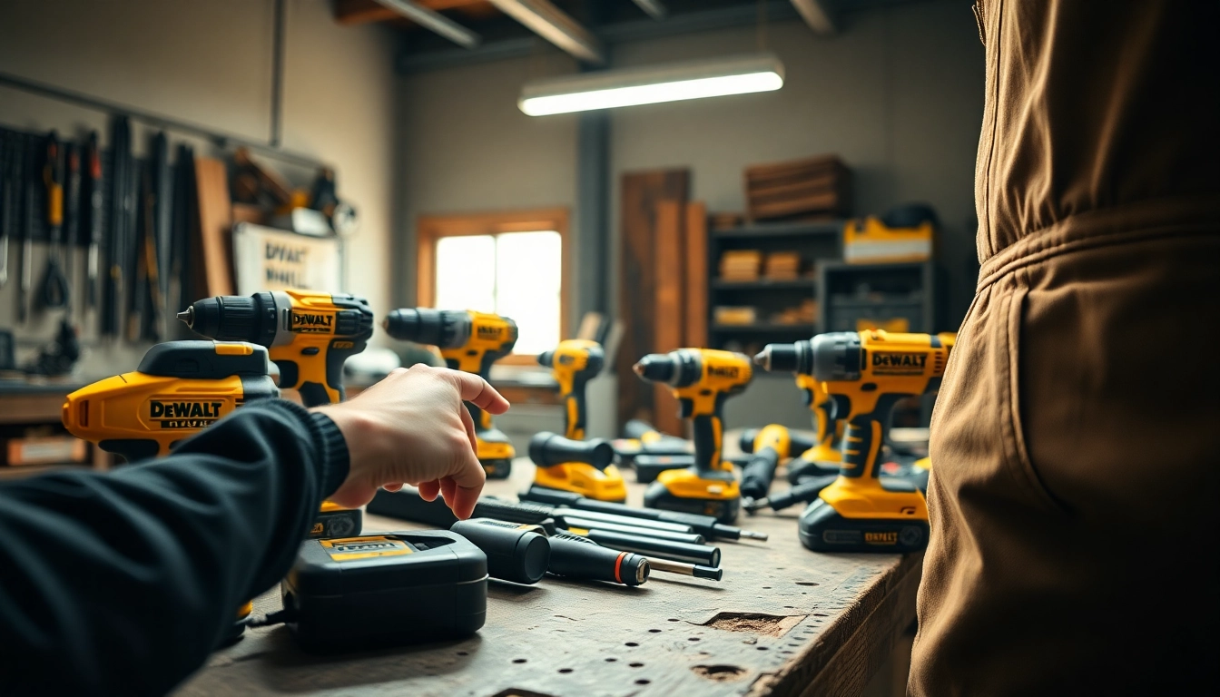 DeWalt tools organized on a workbench showing expert craftsmanship and design.