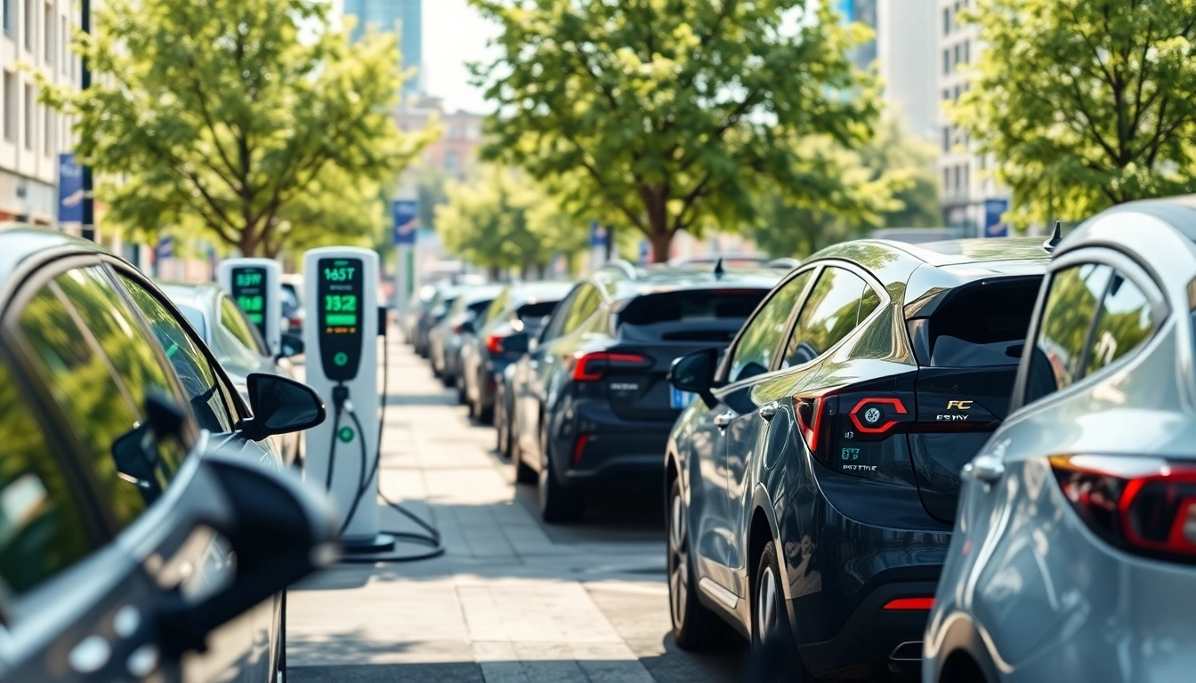 Showcase of EV charging news with electric vehicles at modern charging stations in an urban setting.