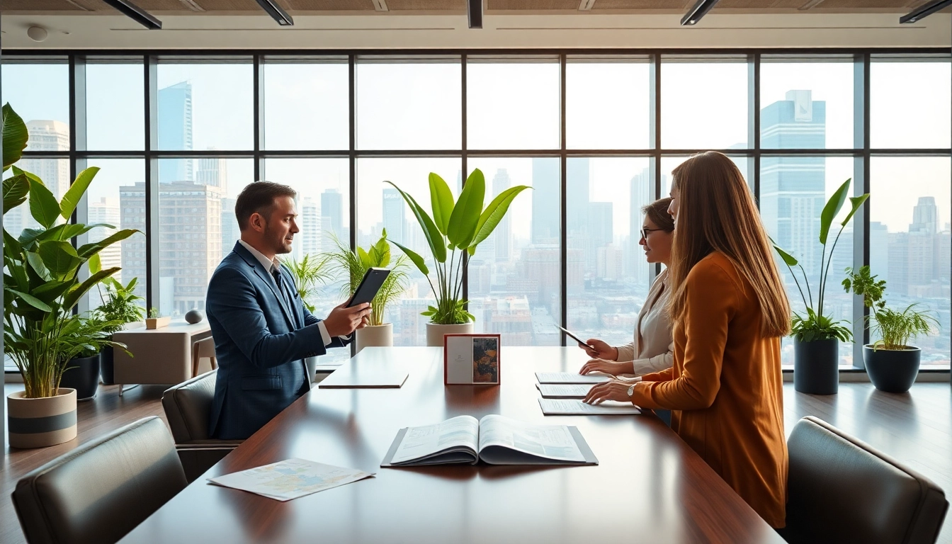 Real Estate agent connecting with clients in a modern office setting, showcasing properties.