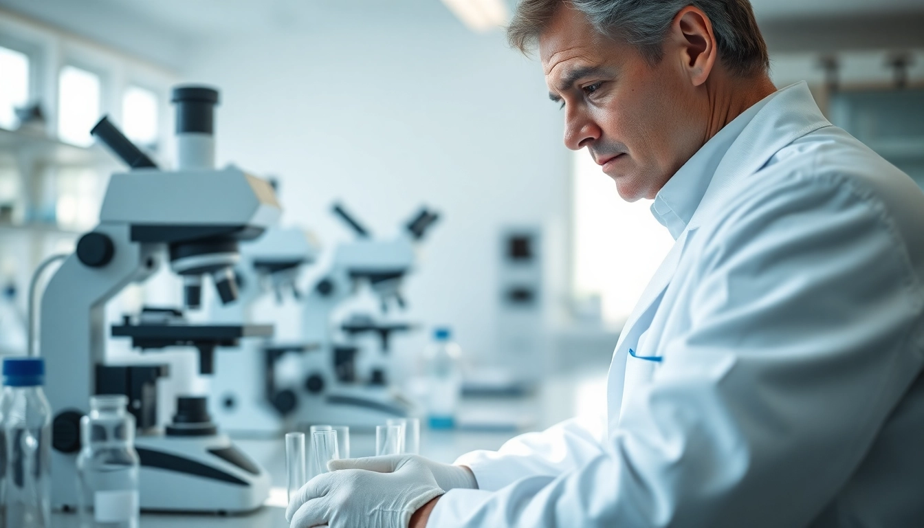 Scientist conducting experiments on research peptides in a modern lab environment.
