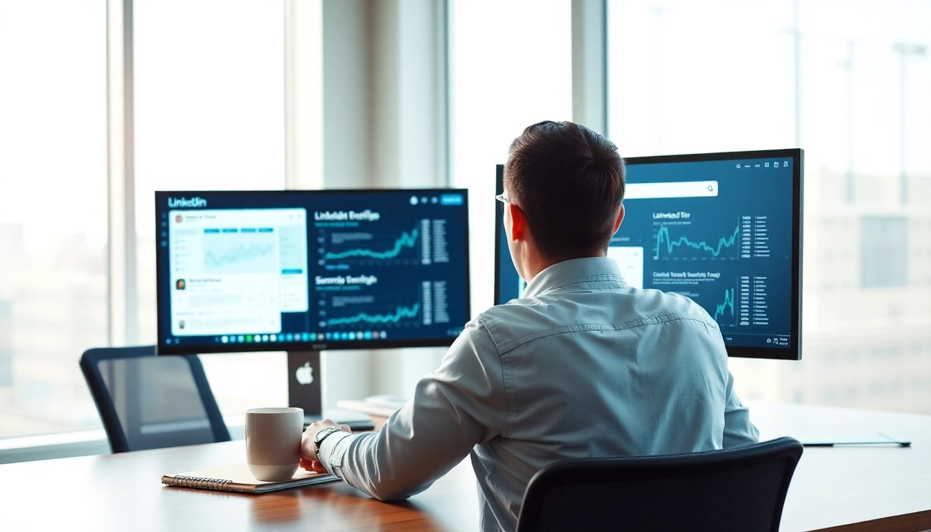 Scrape LinkedIn search results displayed on a professional desk with dual screens and data visuals.