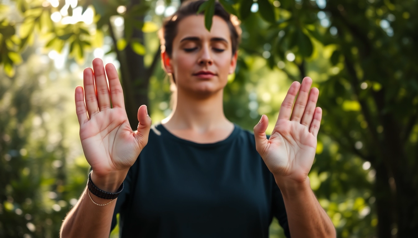 Practicing Yoga mudras by a serene instructor, showcasing hand gestures for meditation.