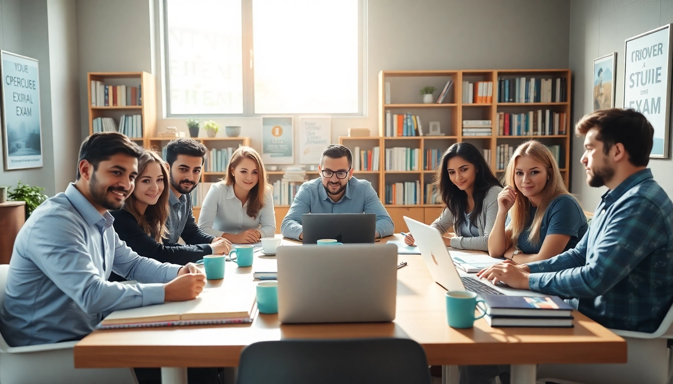 Engaged individuals utilizing certification exam support in a collaborative study environment.
