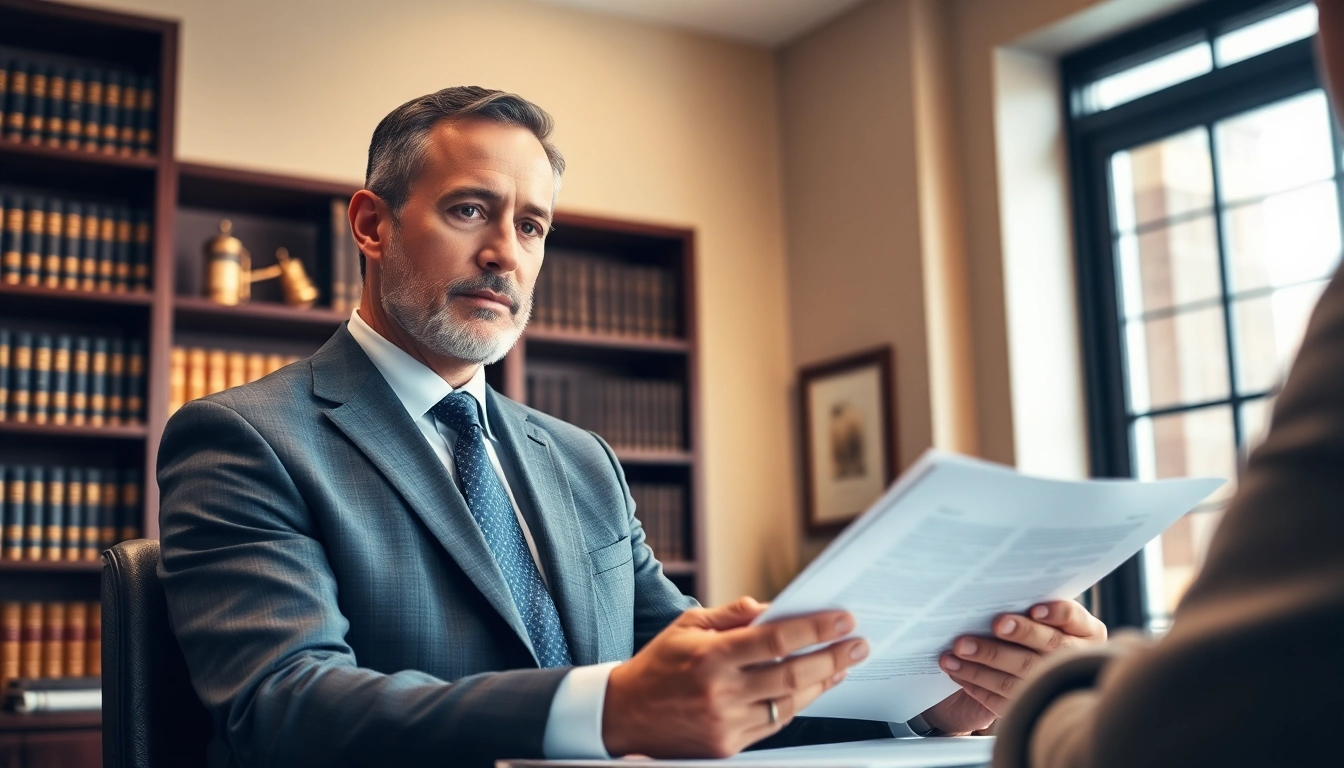 Alexandria Personal Injury Lawyer discussing case details with a client in a professional office setting.
