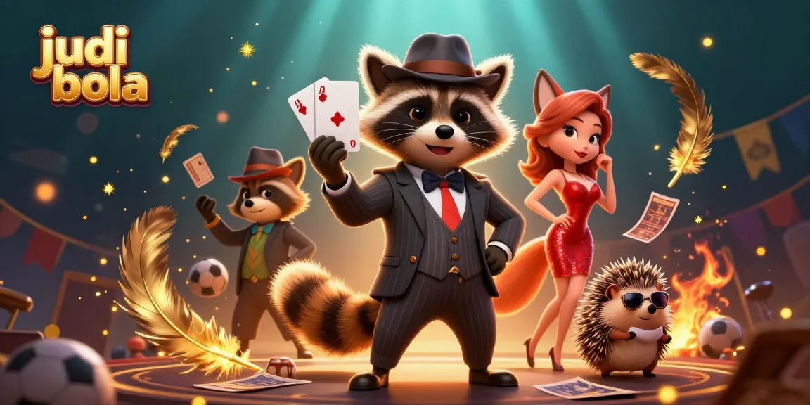 Experience judi bola excitement with raccoon and fox characters in a vibrant sports betting scene.