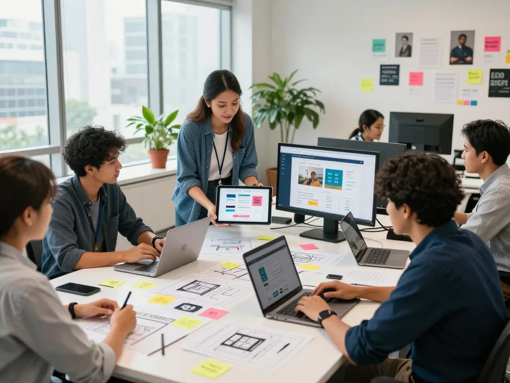 Dynamic collaboration at a web design company Kuala Lumpur with diverse team members brainstorming and creating.