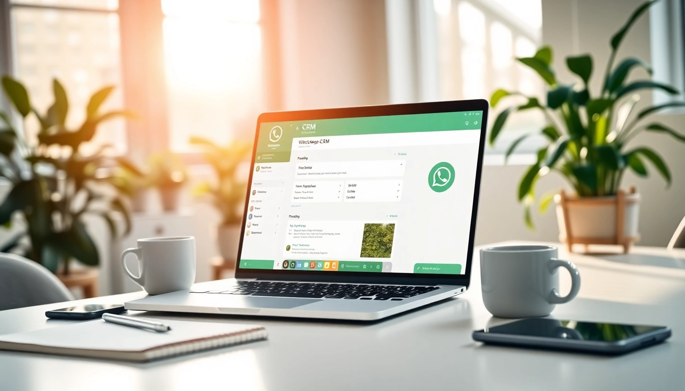 Optimize communication with WhatsApp Business CRM at https://whatalker.com, showcasing a professional interface on a laptop.