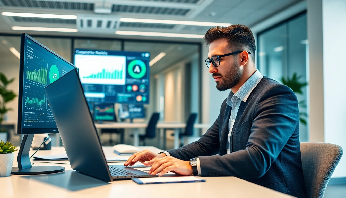 Analyze data with AI for competitive intelligence tools in a vibrant office environment.