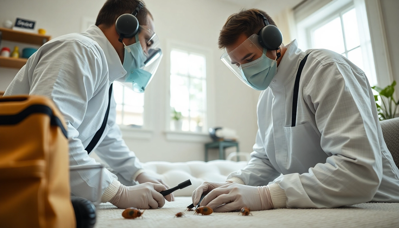 Experienced bed bug exterminators assessing an infested room with precision tools.
