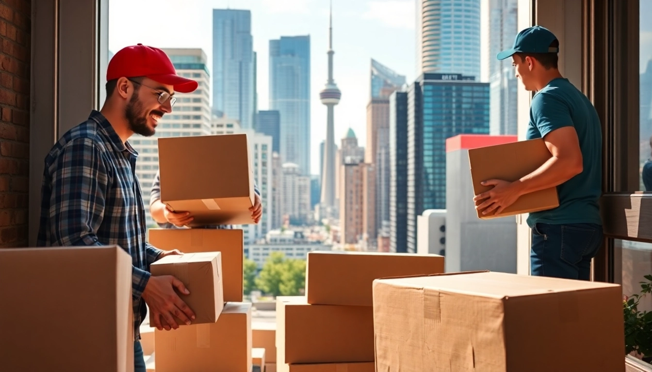 Reliable Toronto moving company team packing boxes in a vibrant city setting.